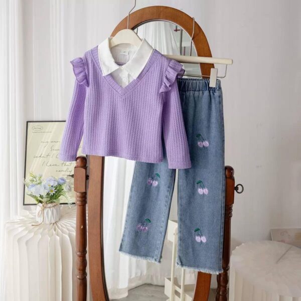 Purple shirt + denim bow trousers