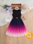 Black and purple pleated gown with belt