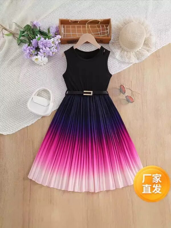 Black and purple pleated gown with belt