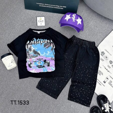 3 piece purple and black top and trousers