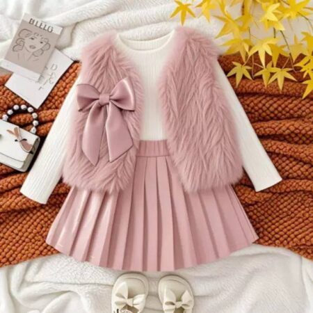 3 piece pink fur jacket and leather skirt set