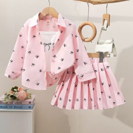 3 piece bow pleated skirt set